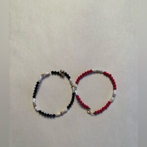 Set of Two: Black and Red Beaded Bracelets with Fresh Water Pearls